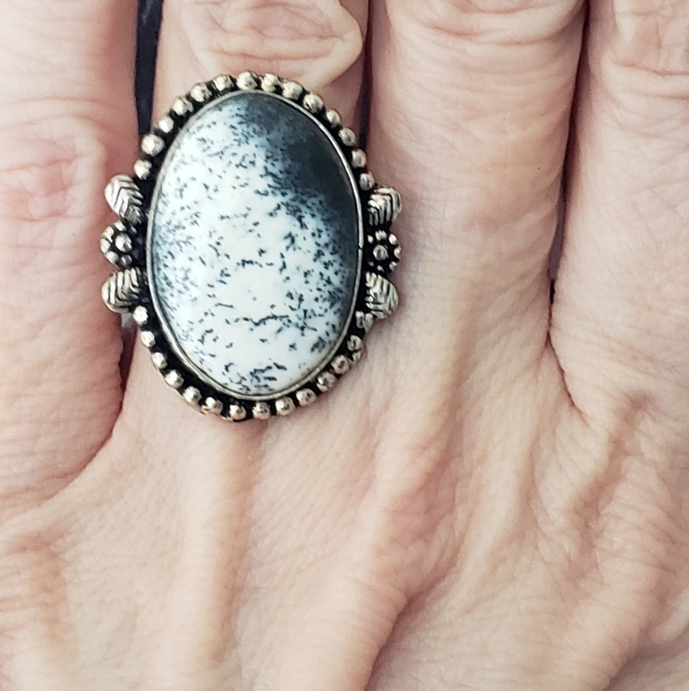 Ring, Size 7, Stamped 925 Silver, Natural Dendritic Opal, Sz 7, Black On White